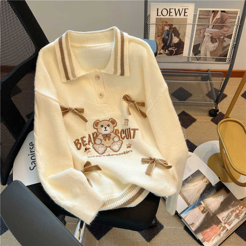 綿羊絨 秋冬新款卡通可愛小熊刺繡Polo領長袖套頭毛衣女