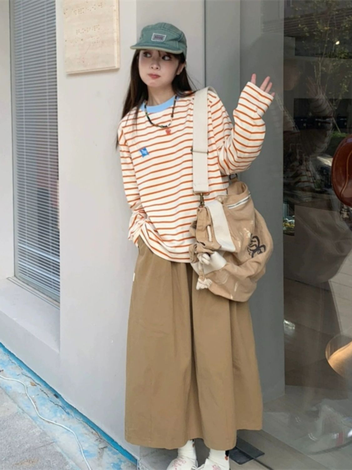 美式條紋長袖t恤女oversize秋季新款撞色圓領打底衫寬鬆復古上衣