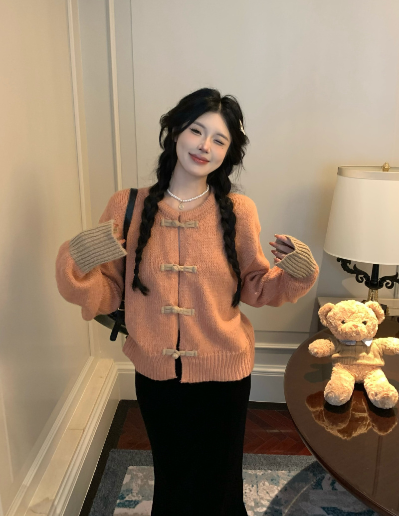 實拍 新中式國風復古盤扣粉色開衫毛衣針織外套+絲絨長裙女