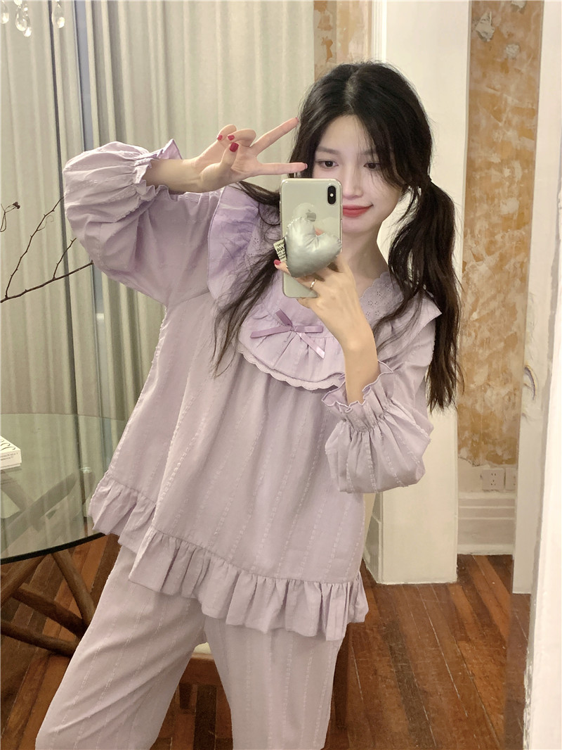 實拍韓版全棉提花甜美蕾絲浪漫公主風蕾絲寬鬆秋季家居服套裝