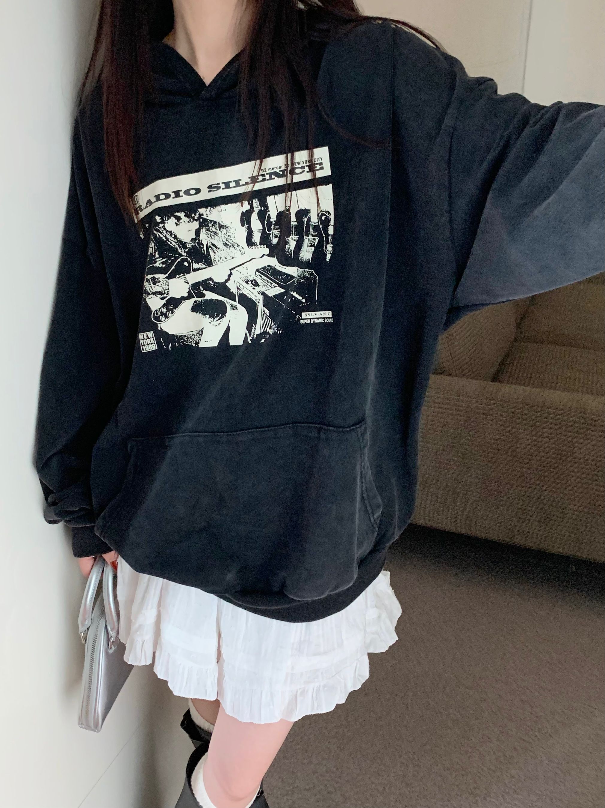 實拍~美式搖滾印花水洗連帽寬鬆長袖中長款衛衣