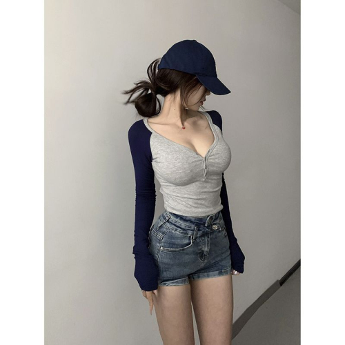 260g Modal 1*1 V-neck button pure lust style sexy long-sleeved T-shirt for women slimming waist