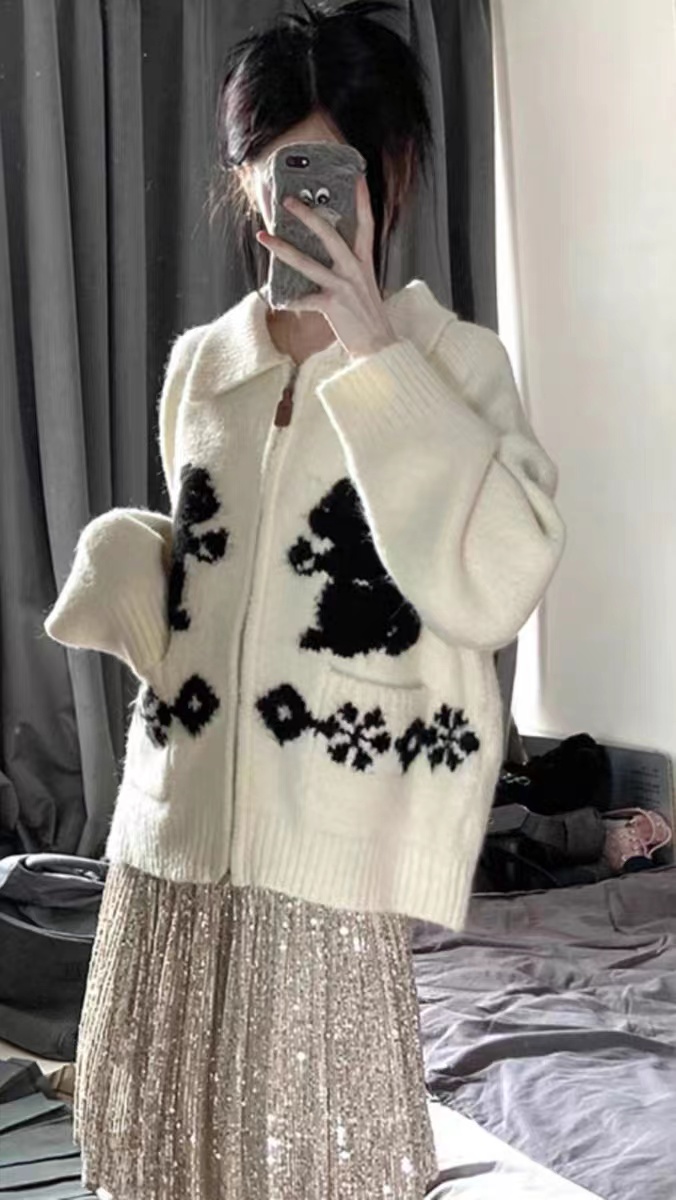 兔子提花翻領拉鏈毛衣外套女秋冬日系復古慵懶風撞色軟糯針織開