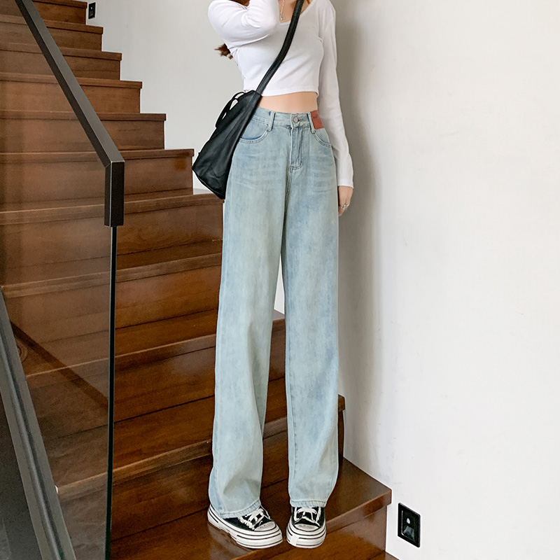 實拍2023秋季時尚美式復古高腰寬鬆闊腿直筒牛仔褲女