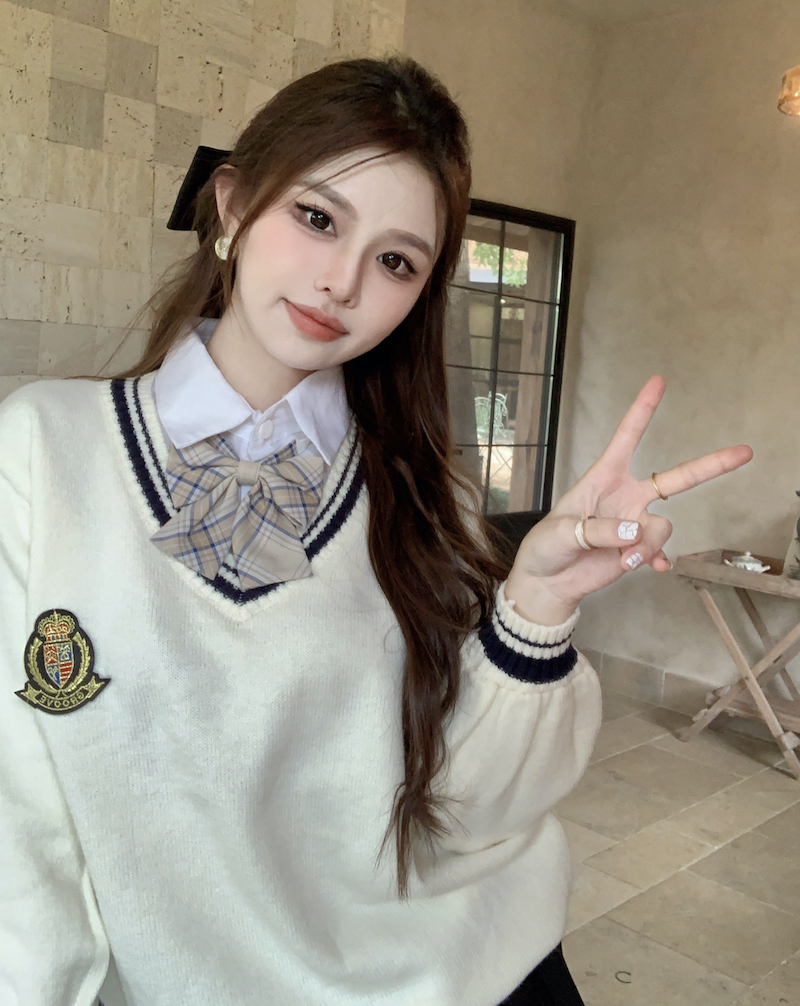 實拍 韓系女襯衫2023年新款學院風JK制服假兩件毛衣女