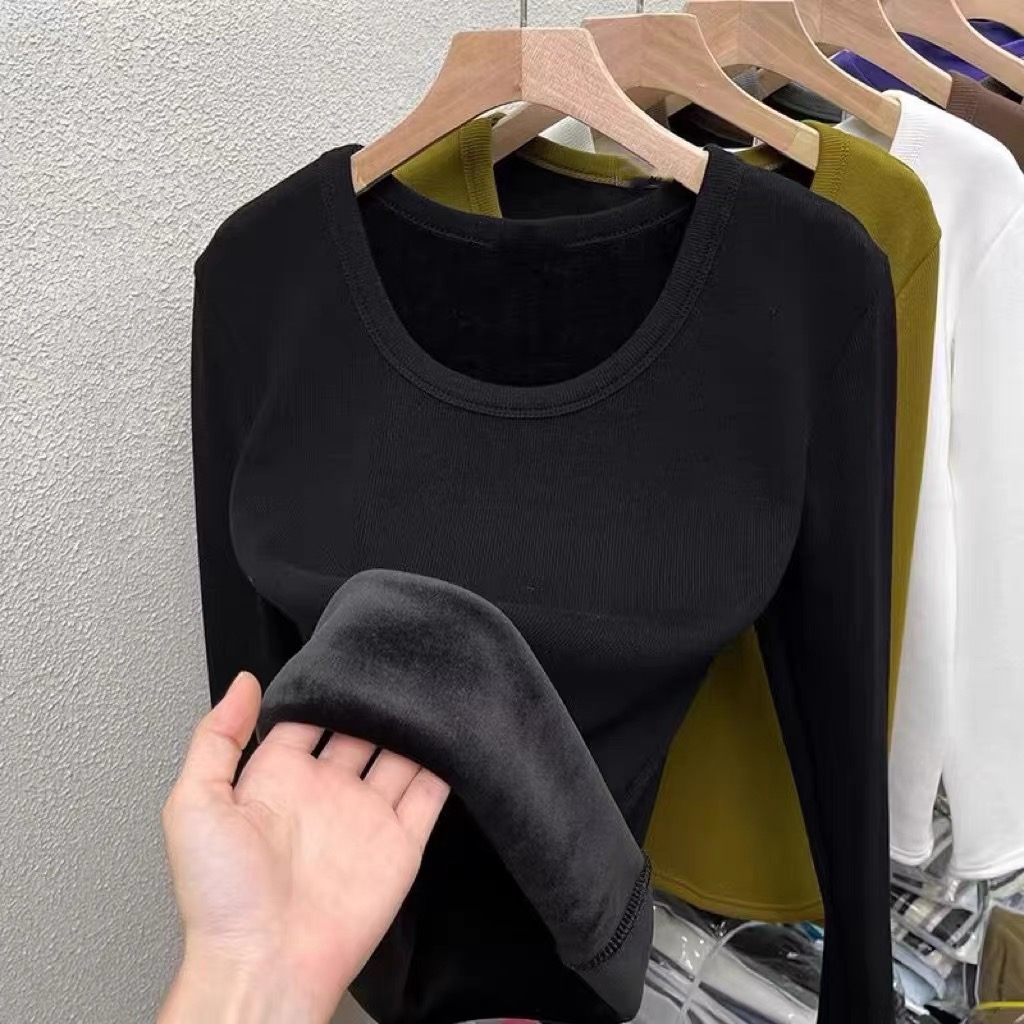 European winter thermal underwear for women, thickened with velvet, large size, slim-fitting bottoming shirt, round neck long-sleeved T-shirt top