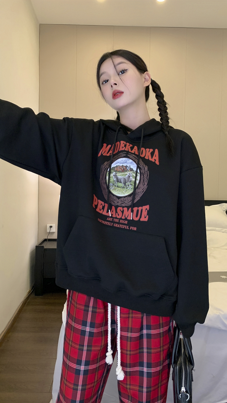 實拍三標齊慵懶風美式字母印花寬鬆oversize常規加絨連帽衛衣