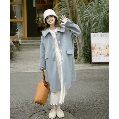 Long thickened woolen coat for women, retro temperament, slim and versatile, Japanese style, sweet, literary, autumn and winter