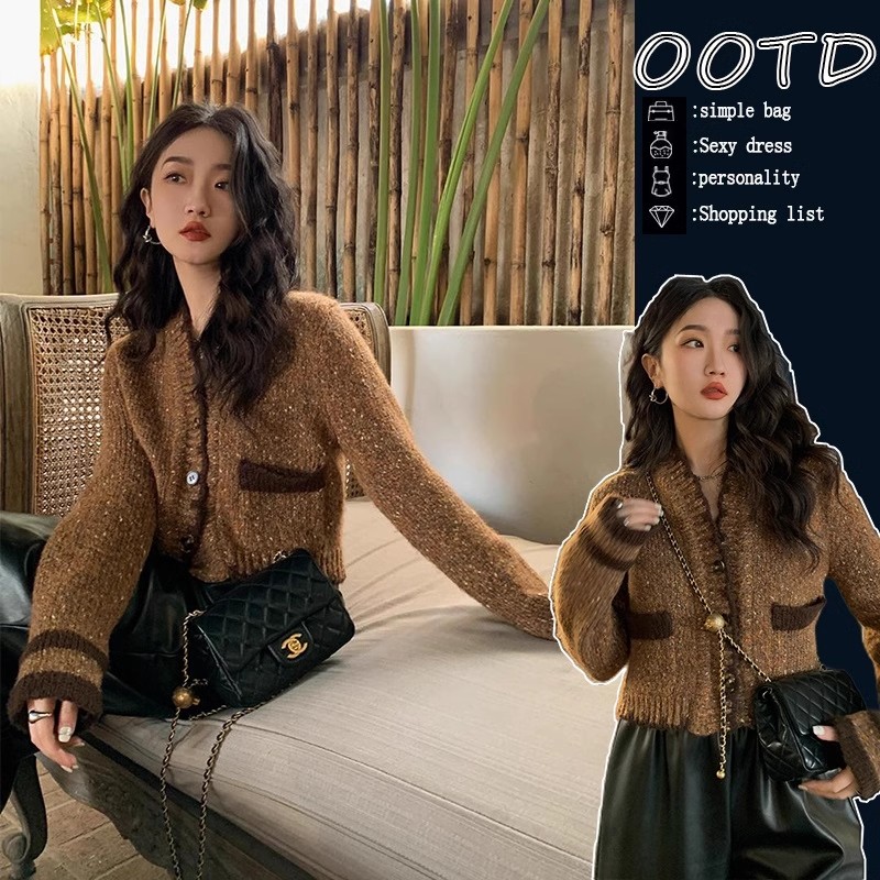 復古雜色v領短款毛衣開衫女設計感小眾早秋新款小個子針織上衣潮