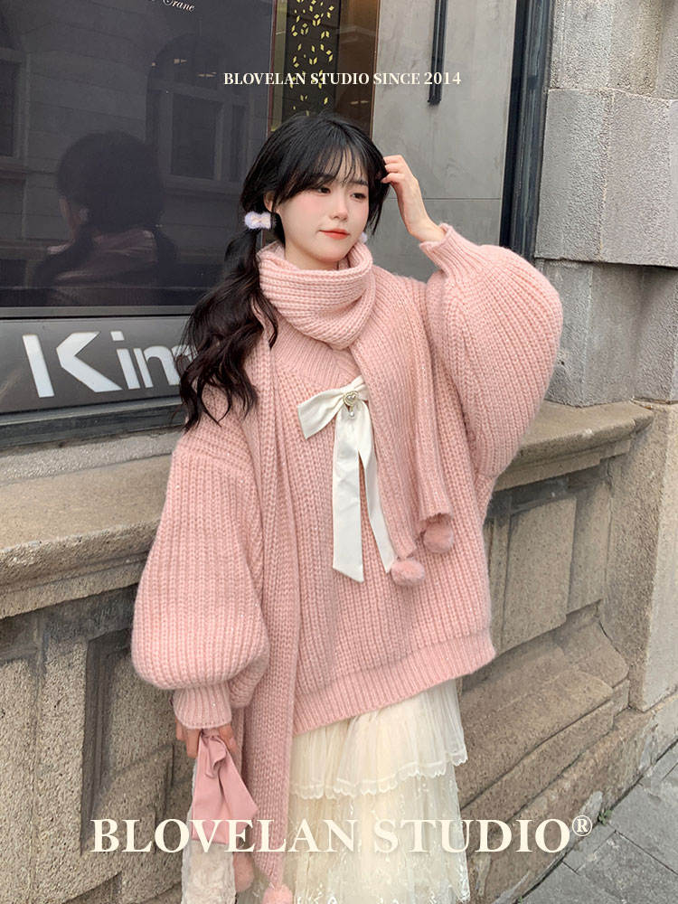 Blovelan少女日記 甜美蝴蝶結燈籠袖加厚寬鬆V領針織毛衣女秋冬季