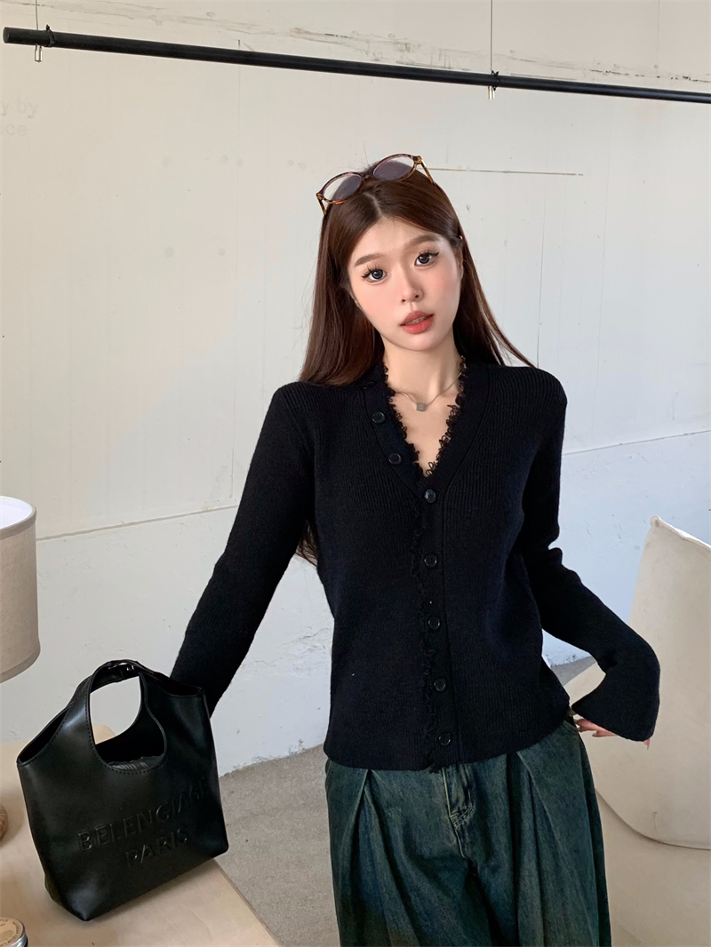 實拍 秋冬V領設計感毛衣針織開衫小眾修身顯瘦別致長袖上衣