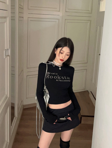 Real shot of hot diamond printed long-sleeved T-shirt for women, niche fashionable and versatile inner wear, round neck slim-fitting bottoming top