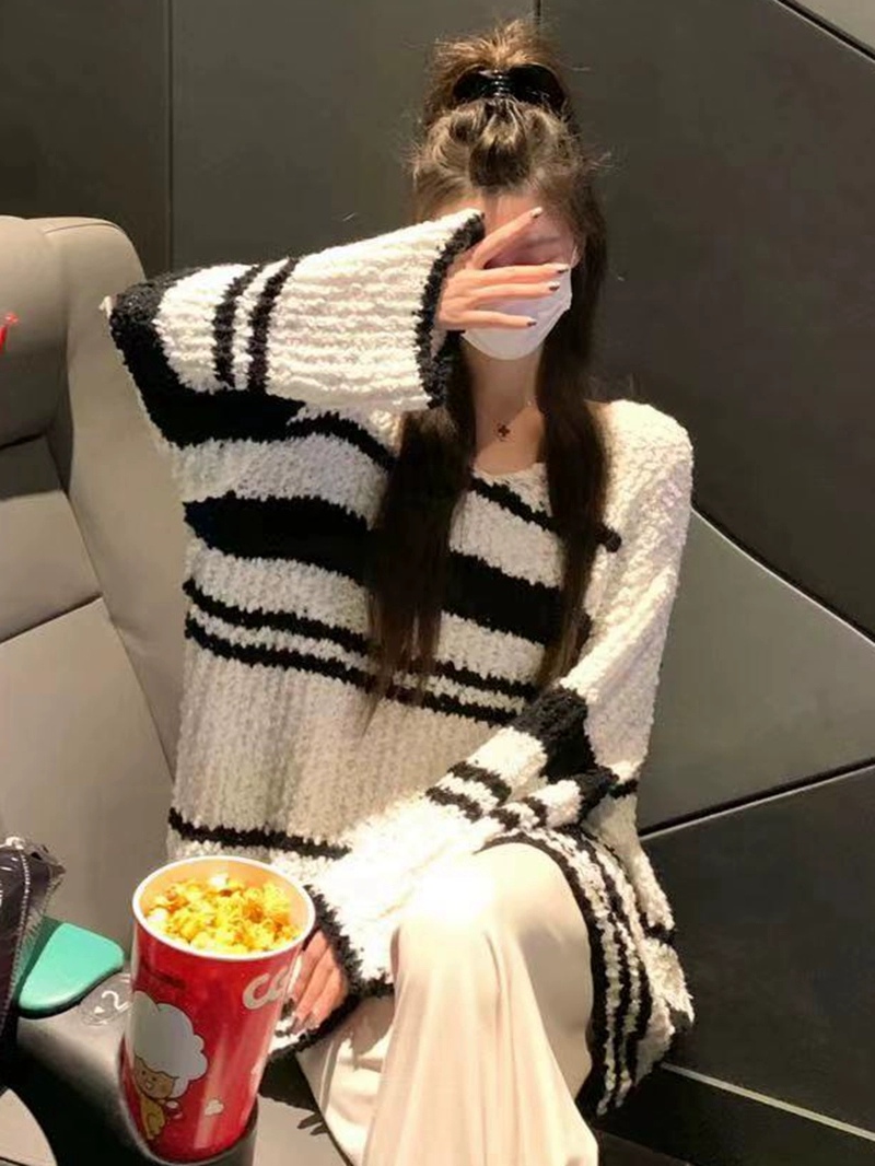 韓式慵懶撞色設計感條紋針織毛衣女秋季新款寬鬆百搭休閒上衣