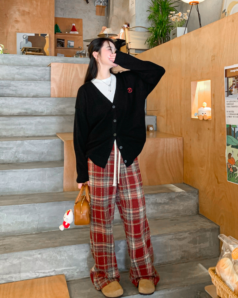 實拍 寬鬆針織開衫女刺繡毛衣外套上衣+顯瘦格子休閒褲長褲