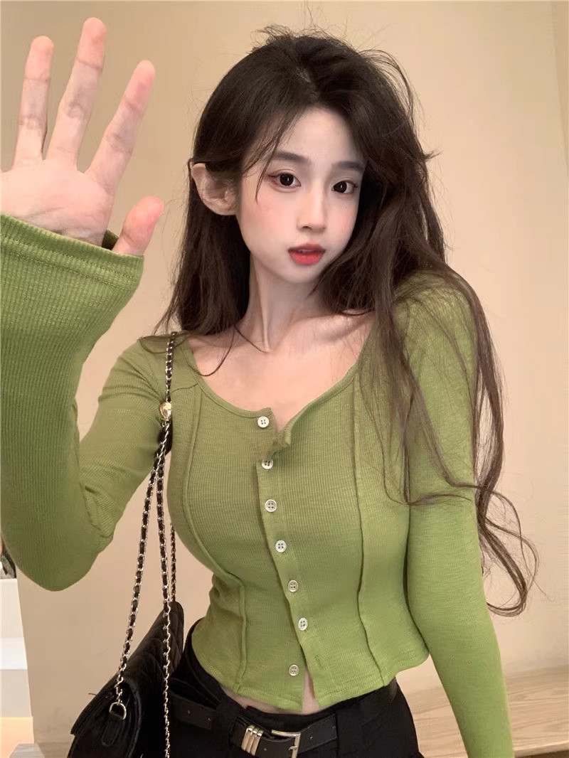 Spring and autumn new solid color slimming design T-shirt basic green cardigan long-sleeved jacket top women ins trend