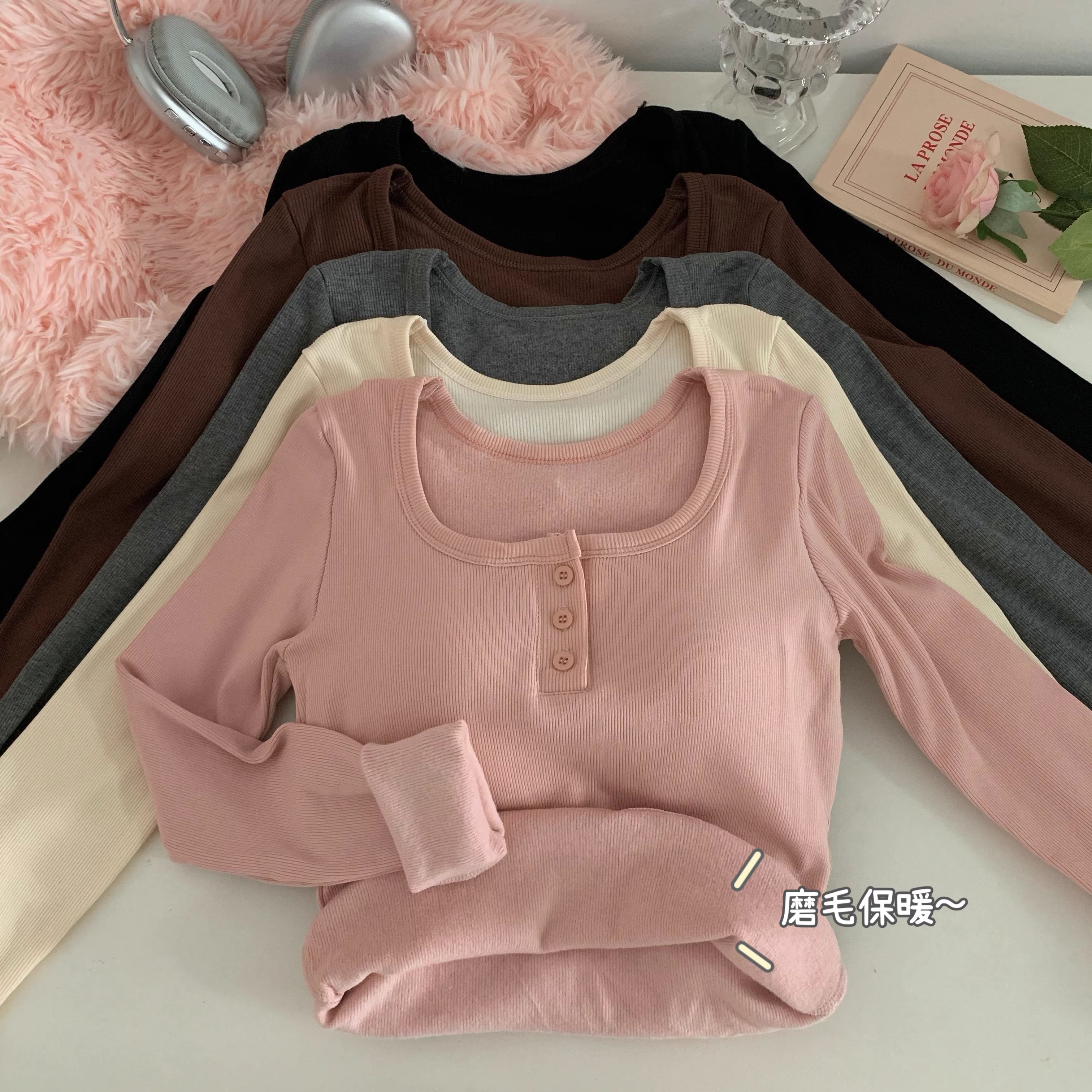 Women's autumn and winter slim-fitting warm short long-sleeved inner layered shirt with padded square collar and velvet T-shirt