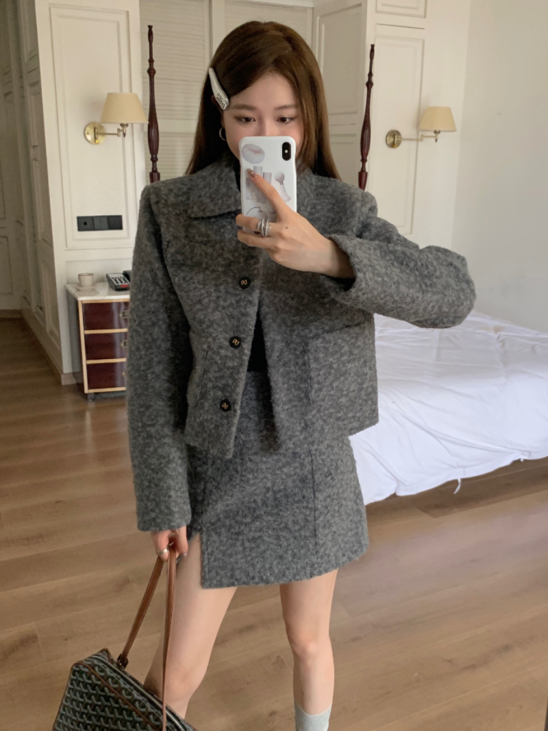 實拍復古法式毛呢小香風外套半裙套裝
