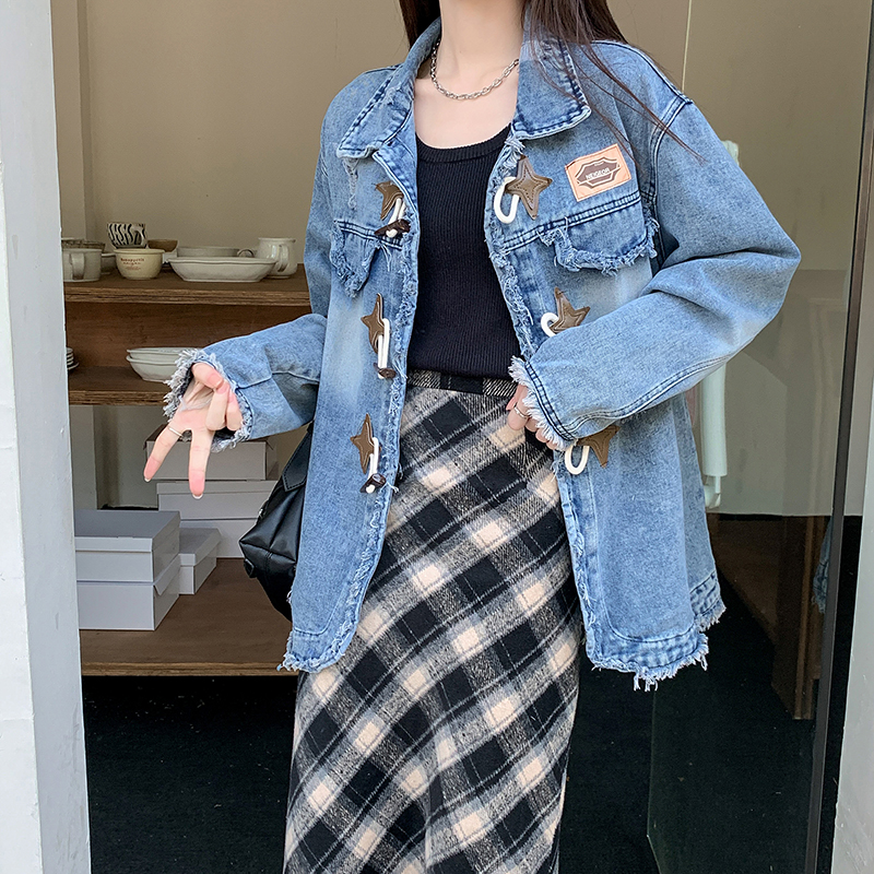 實拍~美式做舊羊角扣水洗牛仔外套女新款設計感復古夾克上衣