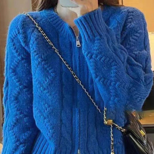 Korean style retro twist double zipper sweater jacket for women autumn round neck loose diamond knitted short cardigan top