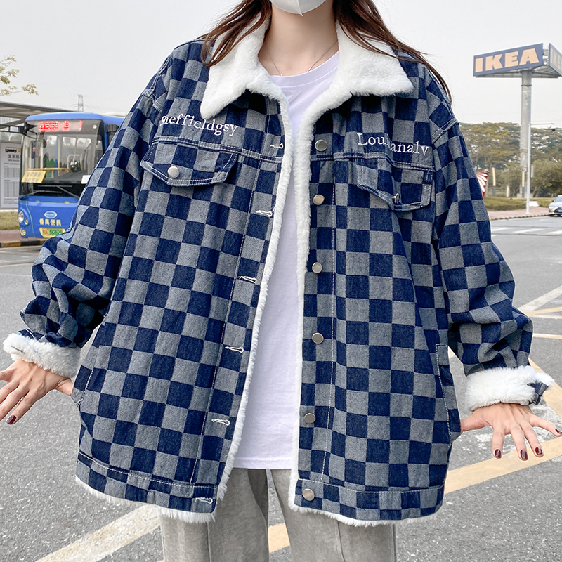 實拍~棋盤格牛仔棉衣外套女冬季新款復古寬鬆加絨加厚棉服潮