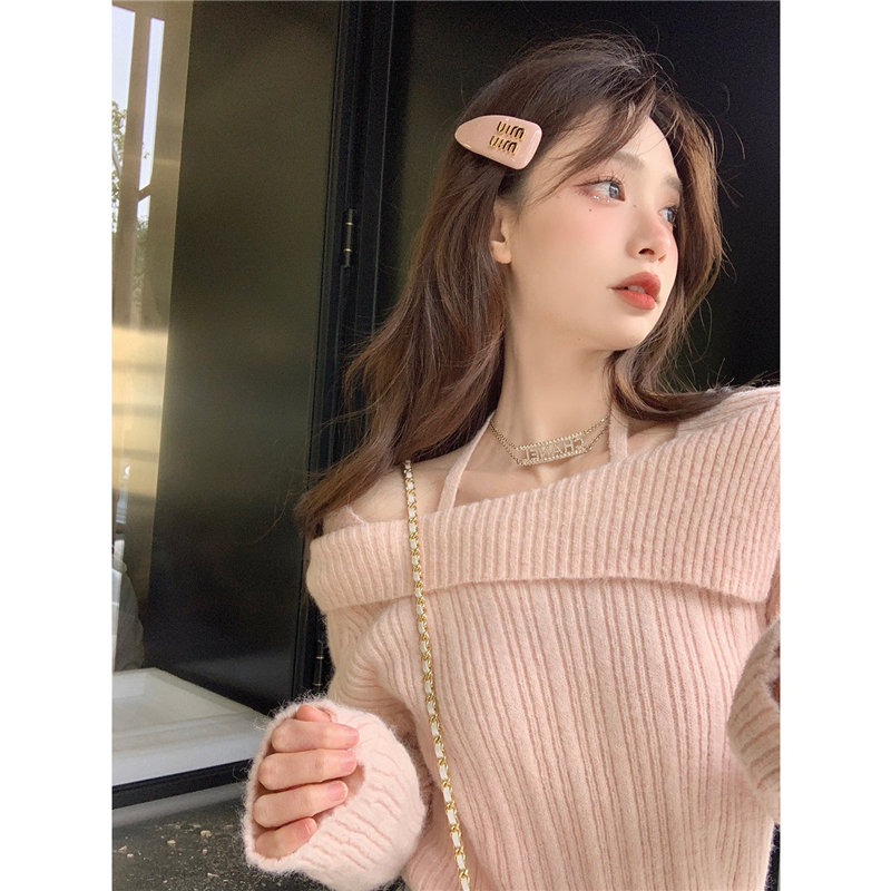 溫柔粉色一字肩上衣女春秋高級感修身顯瘦仙氣鎖骨掛脖針織衫毛衣
