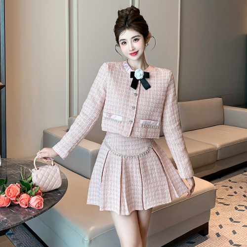 Real shot of small fragrant style jacket suit for women  new heavy industry pleated skirt two-piece set