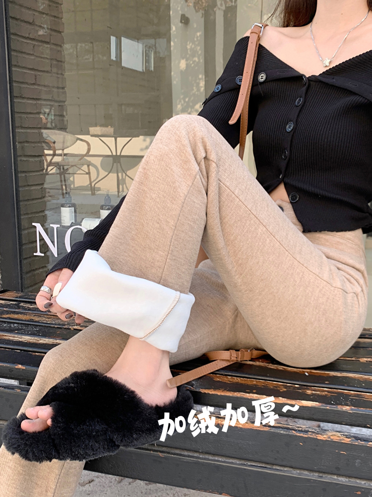 實拍 新款加絨加厚高腰修身顯瘦微喇休閒褲