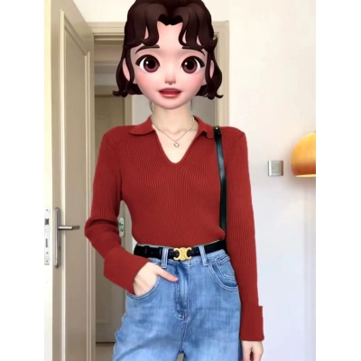 本命年紅色今年流行漂亮外衣女秋冬設計感小眾Polo翻領針織打底衫