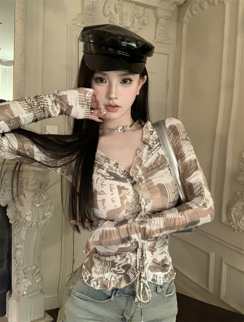 實拍 輕熟法式印花防曬襯衫夏季復古設計小眾上衣