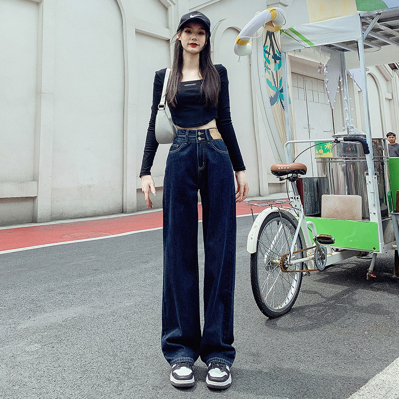 實拍 直筒牛仔褲女2023秋季大碼高腰顯高顯瘦藍灰色拖地褲
