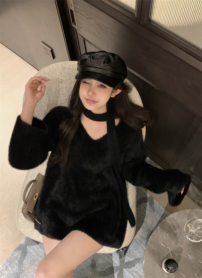 實拍 軟糯溫柔系寬鬆慵懶v領仿貂毛飄帶毛衣