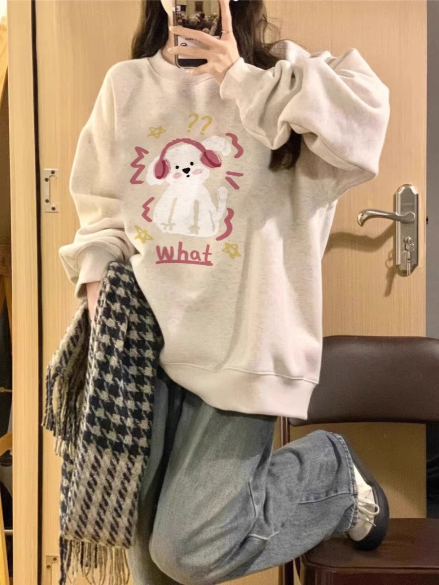 CVC棉面華棉復牛奶絲秋冬薄款300克加絨400克印花圓領衛衣女
