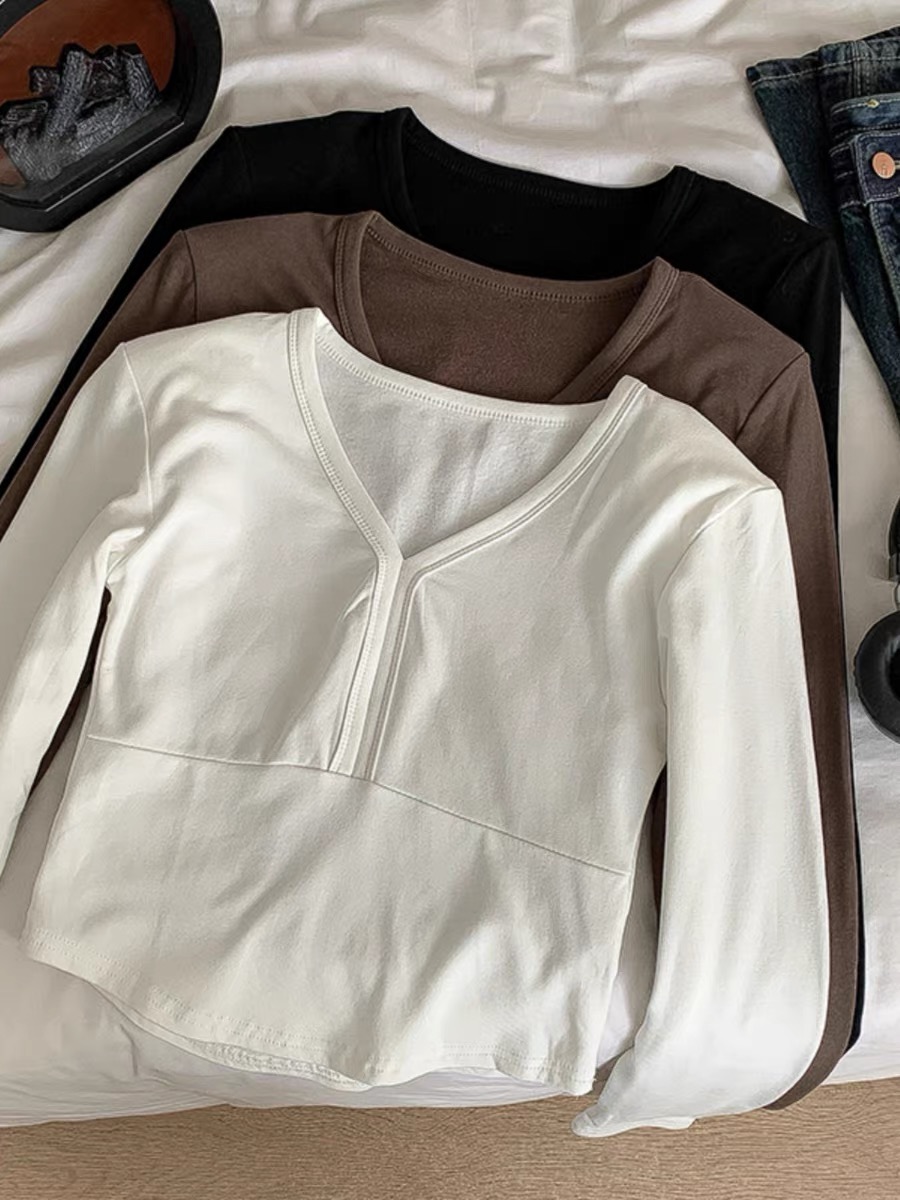 Fashionable and simple solid color velvet V-neck T-shirt 2023 new autumn Korean style women's fitted long-sleeved bottoming shirt top