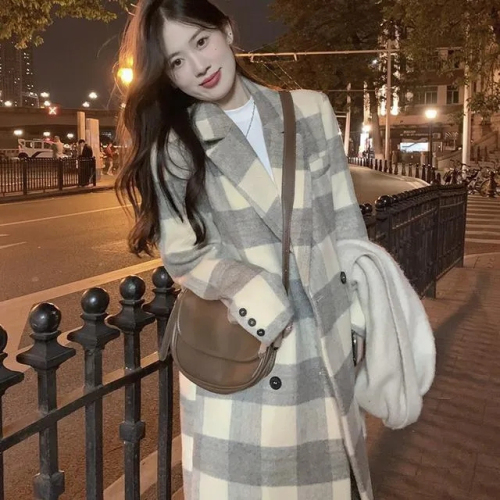 Korean style plaid woolen coat for women new autumn and winter mid-length casual temperament Hepburn style woolen coat