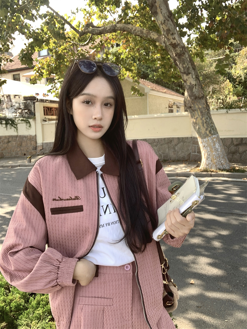 實拍~減齡洋氣時尚寬鬆棒球服外套+小個子顯高穿搭百褶半身裙