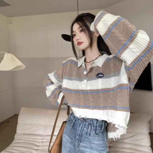Polo collar striped sweater short ripped sweater women's design niche autumn and winter loose lazy style top