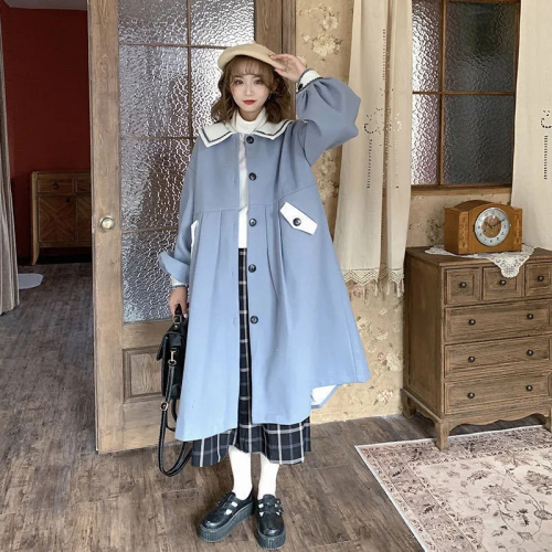 Japanese retro college style navy collar autumn and winter coat women's woolen  new loose woolen coat mid-length