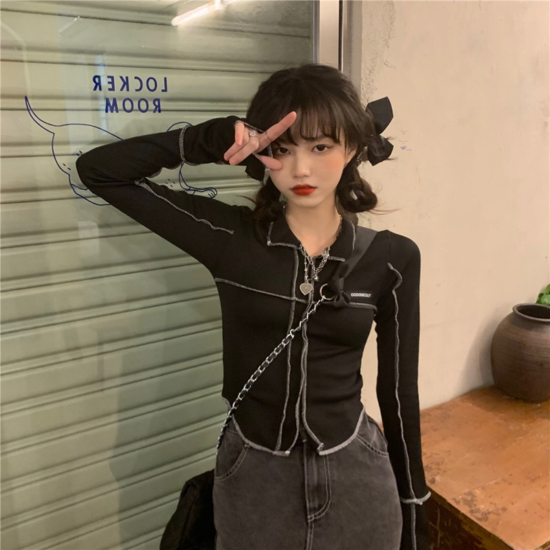 260g high elastic ribbed German velvet 2×2 Korean style niche slim short black Polo collar T-shirt