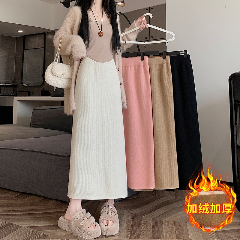 實拍加絨加厚針織半身裙女2023秋冬高腰直筒開叉一步裙A字中長裙