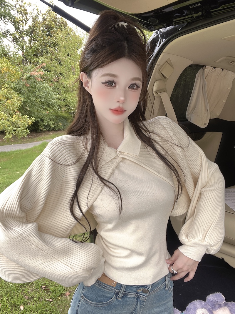 實拍 早秋新款韓版小眾設計感洋氣長袖背心上衣針織兩件套裝女
