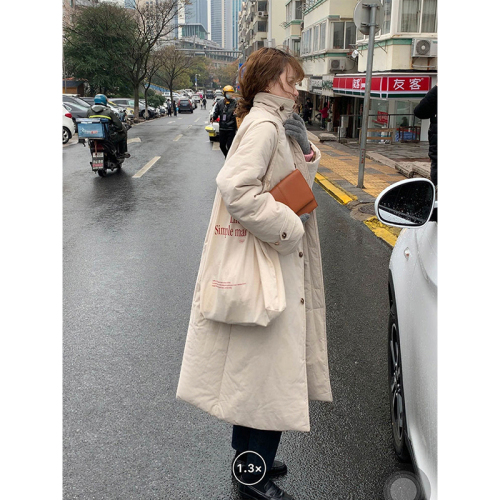 Real shot of lapel padded cotton coat for women 2023 autumn and winter new thickened loose casual long coat coat and cotton coat