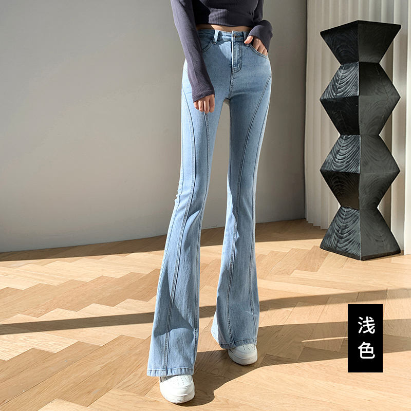 實拍2023秋季時尚潮流拼接修身微喇美式復古牛仔褲女