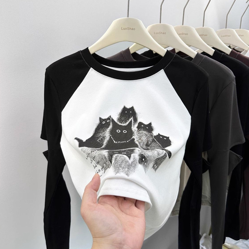 Pure cotton spring and autumn cute cat cartoon print slim fit color-blocked raglan long-sleeved Harajuku style T-shirt irregular top for women