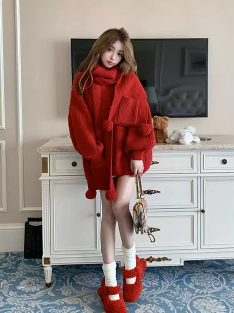 聖誕紅色毛衣裙子女秋冬季中長款2023兔年新款本命年衣服時尚女裝