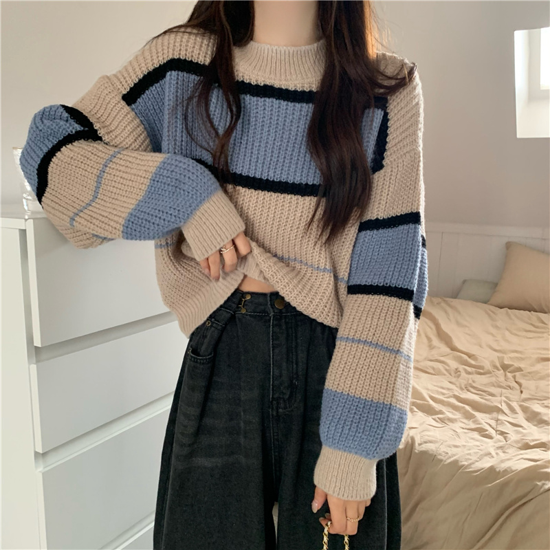 撞色毛衣女秋冬寬鬆套頭外穿慵懶風加厚洋氣小個子短款上衣高級感