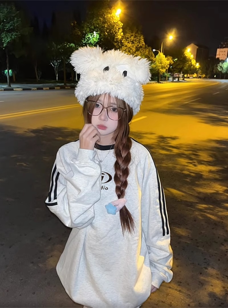 華棉復牛奶絲薄款300克加絨400克加厚印花半截三條槓衛衣女