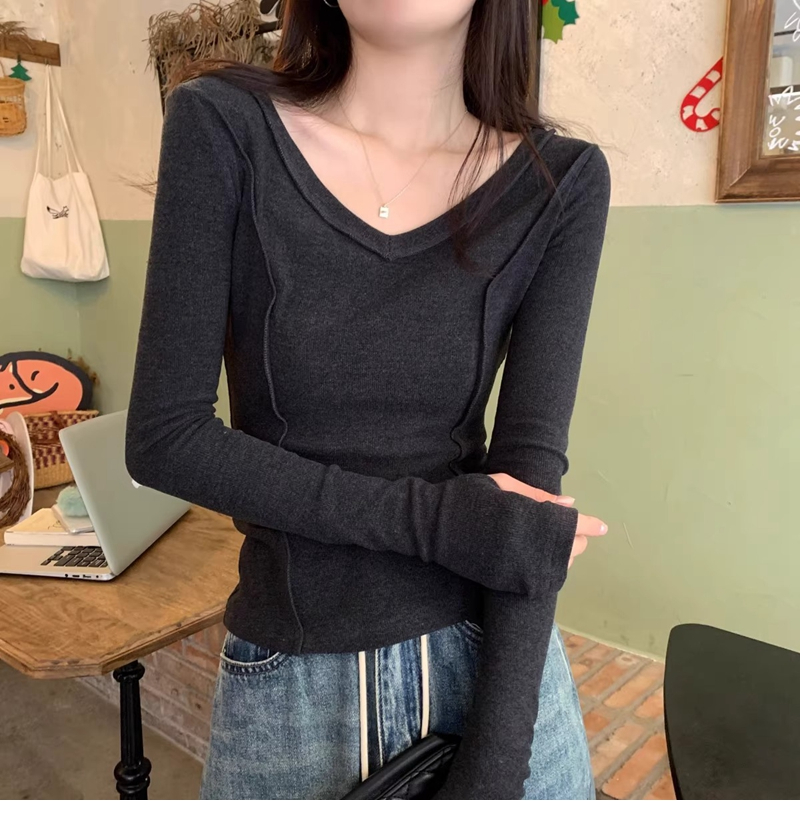 Official photo High-elastic ribbed German velvet long-sleeved T-shirt women's slim-fitting bottoming shirt design niche fishbone top