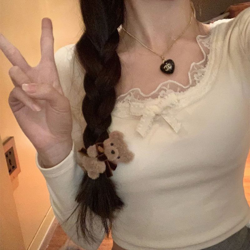 德絨純欲蕾絲花邊長袖t恤女秋冬洋氣百搭修身顯瘦打底衫短款上衣