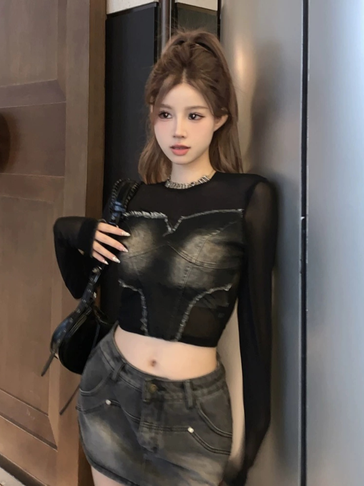 American retro mesh stitching denim slim long-sleeved T-shirt female street hot girl design niche slimming top