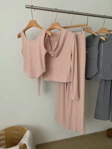 Lazy style fashionable sports style casual three-piece women's hooded top coat camisole wide leg pants suit